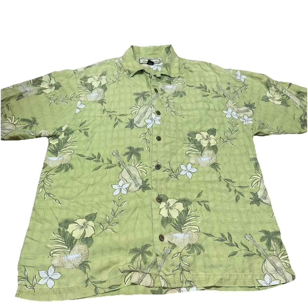 Tommy Bahama 100% Silk Camp Shirt Green Tropical Floral Button Down Men's M FLAW